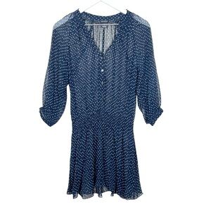 Club Monaco Women’s Navy Blue Polka Dot Smocked Silk Dress Size 0 Sheer